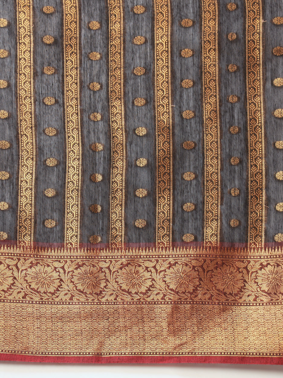 Black Banarasi Chanderi Saree with Striped Oxidised Zari Weaving