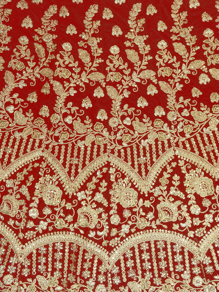 Red Velvet Zari Embroidery Semi Stitched Lehenga Choli With Net Dupatta