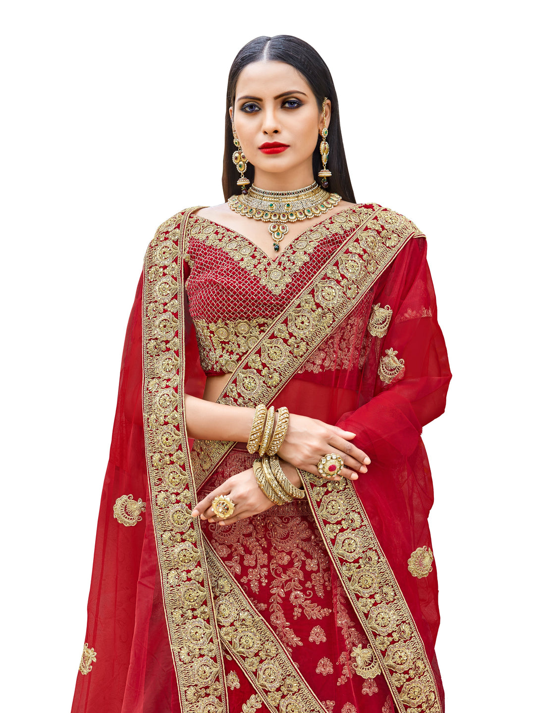 Red Velvet Zari Embroidery Semi Stitched Lehenga Choli With Net Dupatta