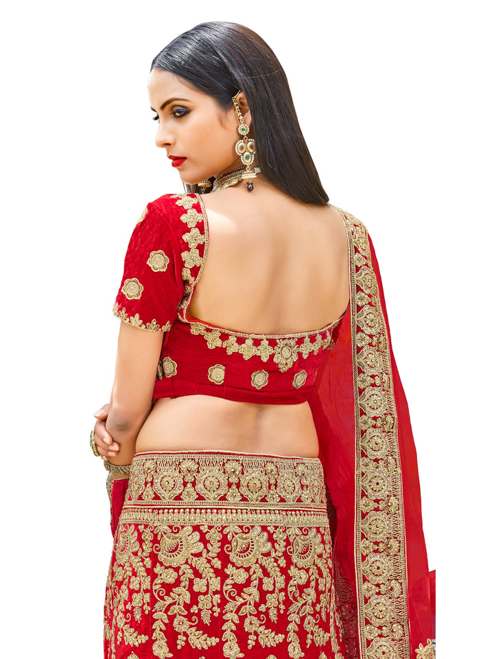 Red Velvet Zari Embroidery Semi Stitched Lehenga Choli With Net Dupatta