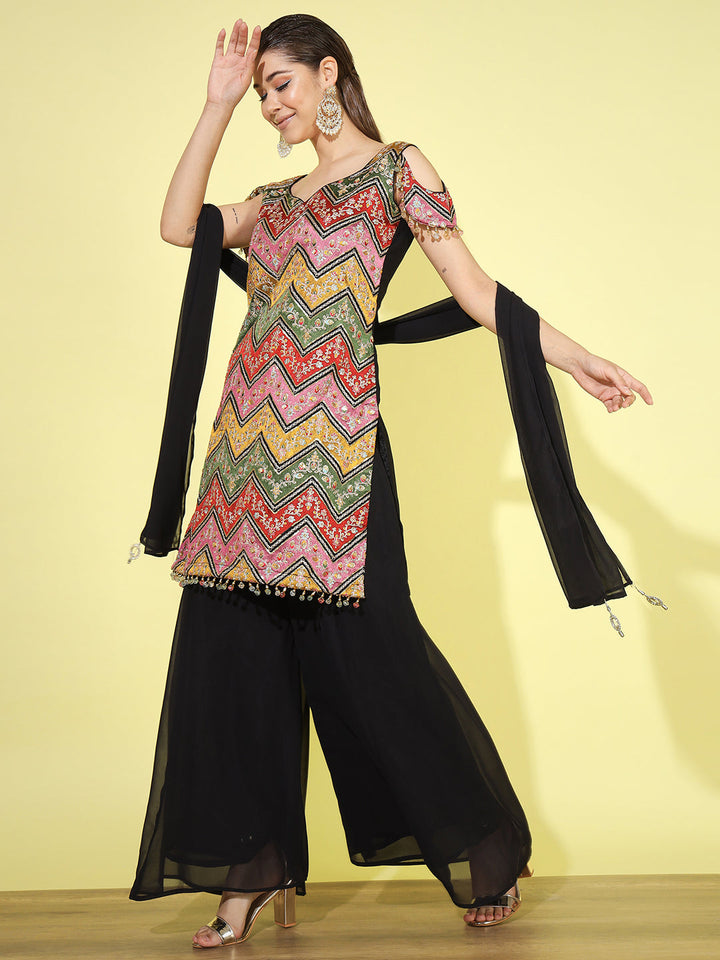 Multicolor Embroidered Kurta Set with Cold Shoulders & Flared Palazzo