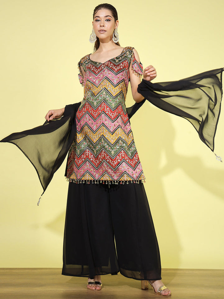 Multicolor Embroidered Kurta Set with Cold Shoulders & Flared Palazzo