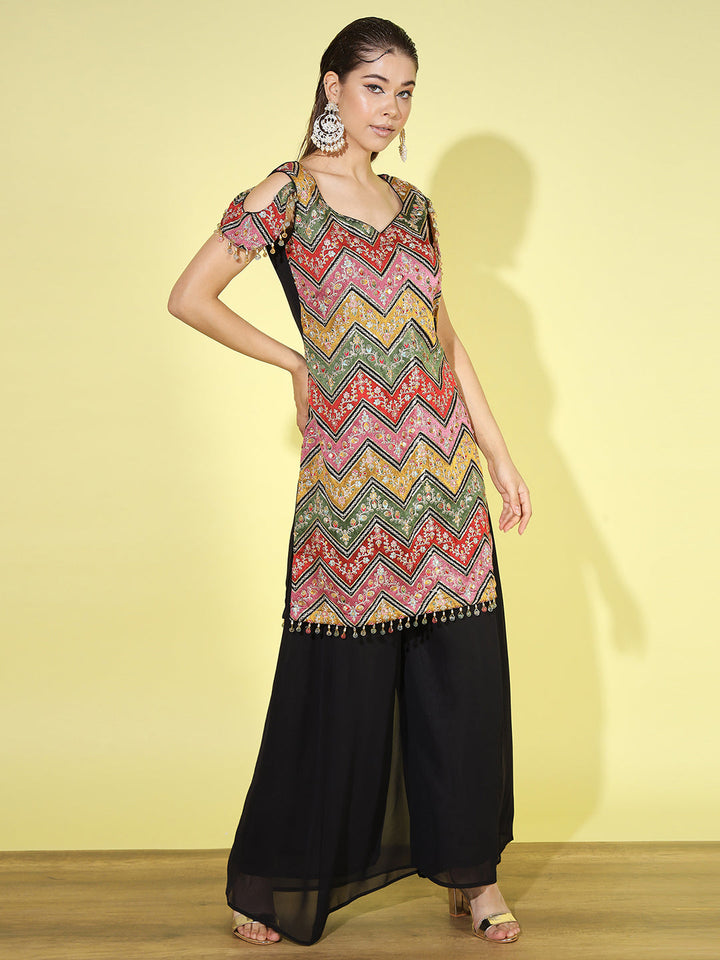 Multicolor Embroidered Kurta Set with Cold Shoulders & Flared Palazzo