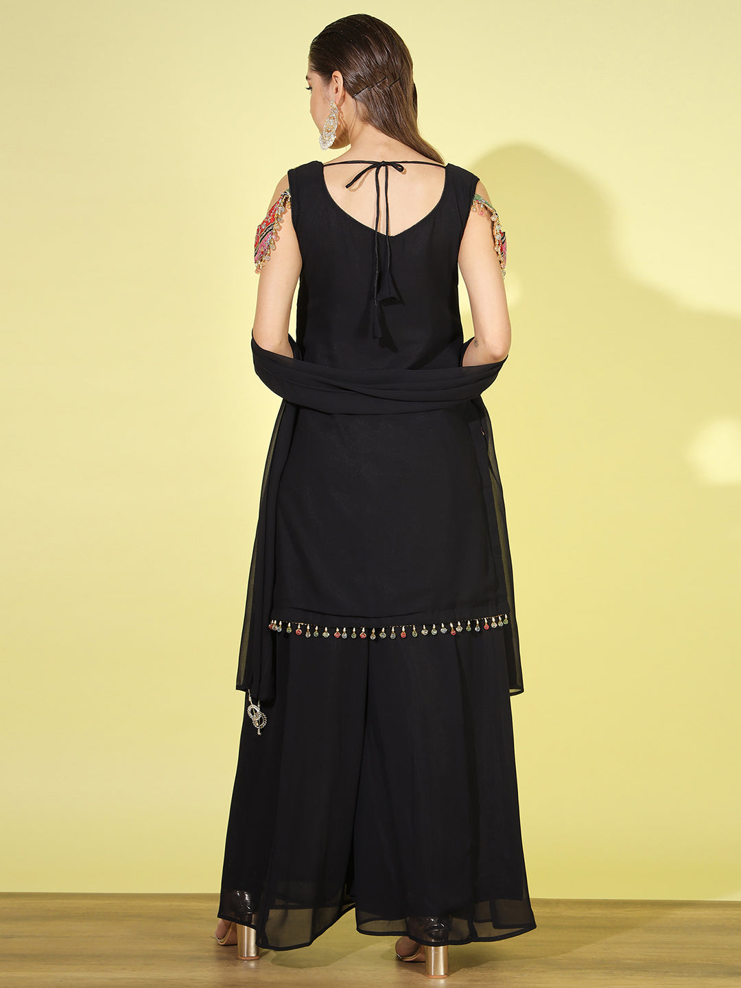 Multicolor Embroidered Kurta Set with Cold Shoulders & Flared Palazzo