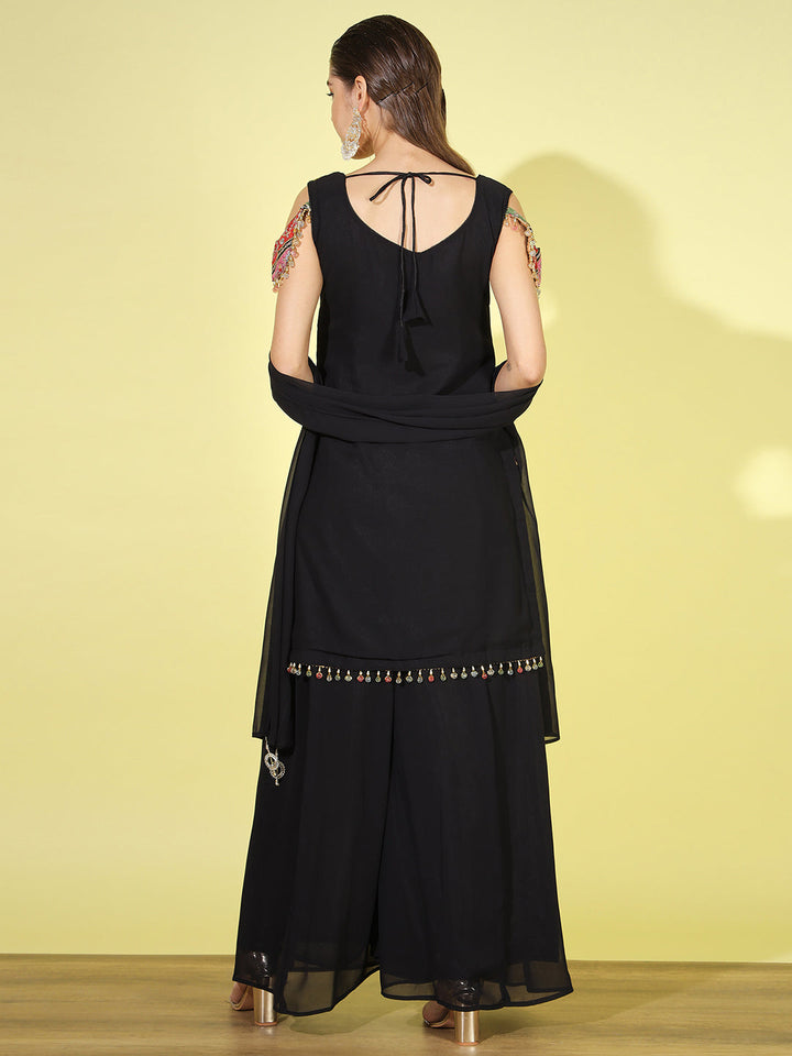 Multicolor Embroidered Kurta Set with Cold Shoulders & Flared Palazzo