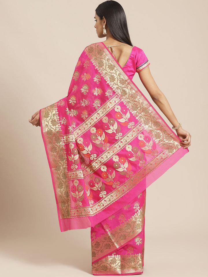 Chanderi Saree with Gold Zari & Resham Floral Meenakari Motifs & Lotus pattern in border