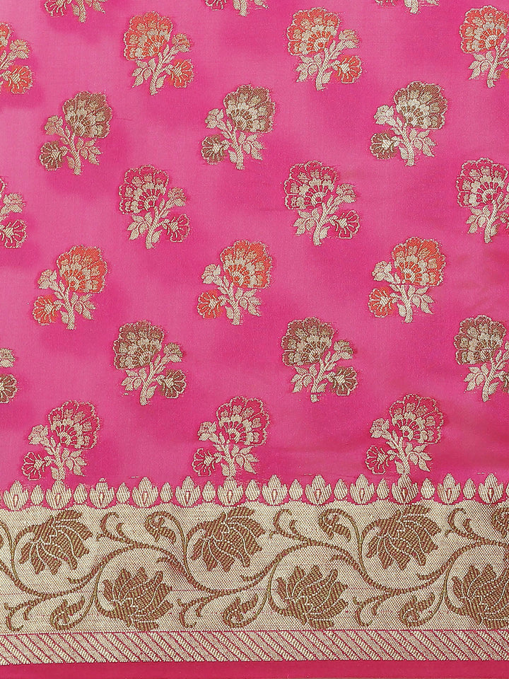 Chanderi Saree with Gold Zari & Resham Floral Meenakari Motifs & Lotus pattern in border