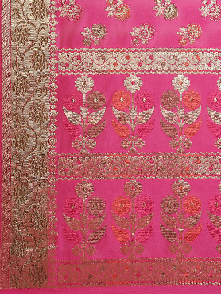 Chanderi Saree with Gold Zari & Resham Floral Meenakari Motifs & Lotus pattern in border