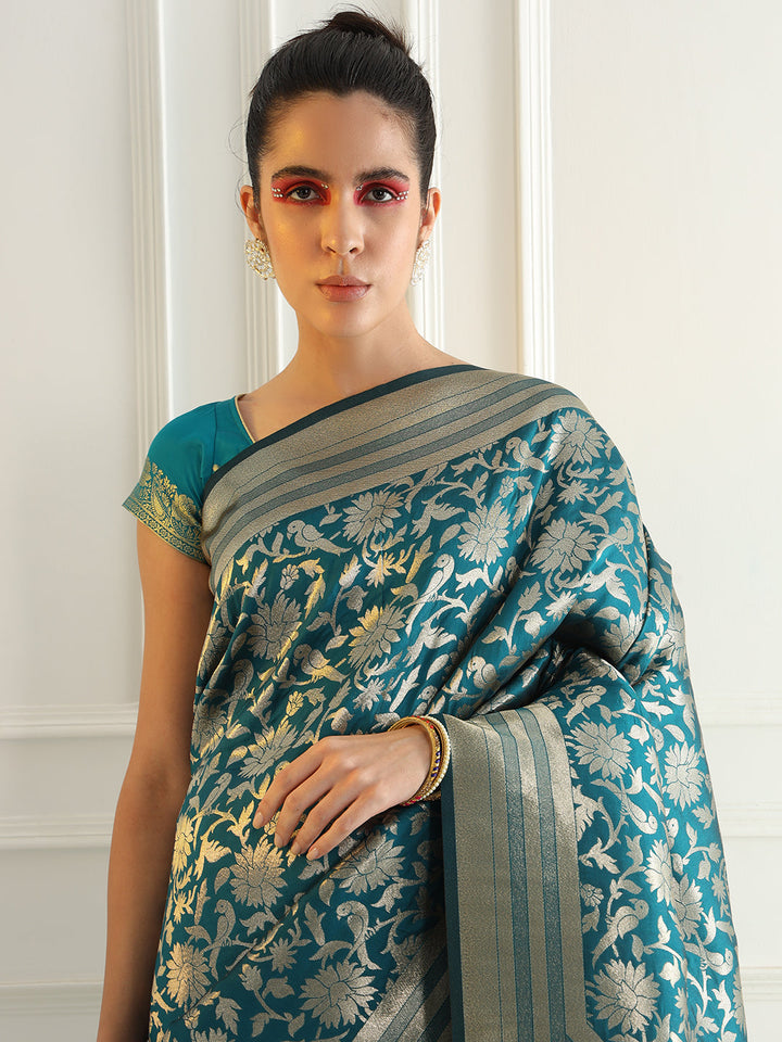 Bright Traditional Banarasi Saree with Bold Zari Peacock Motifs