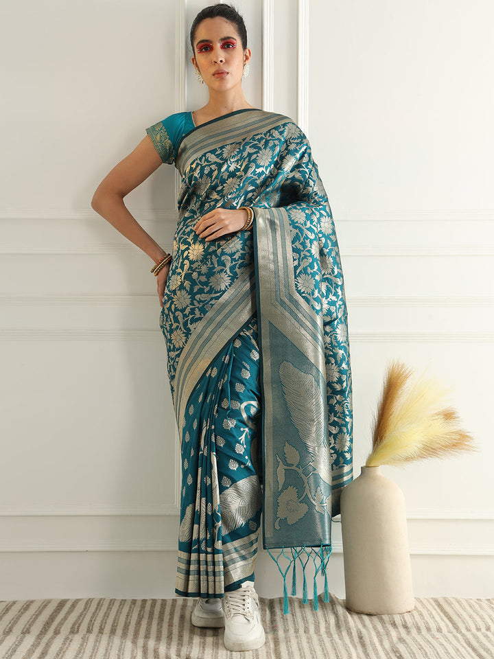 Bright Traditional Banarasi Saree with Bold Zari Peacock Motifs