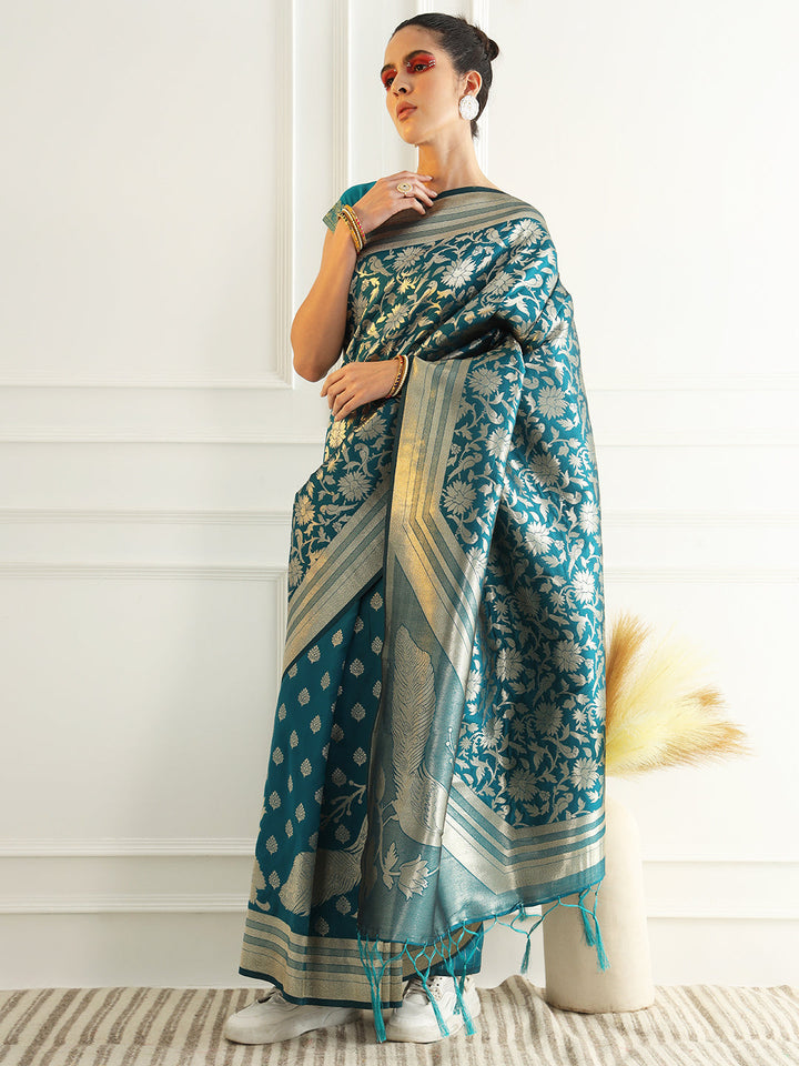 Bright Traditional Banarasi Saree with Bold Zari Peacock Motifs