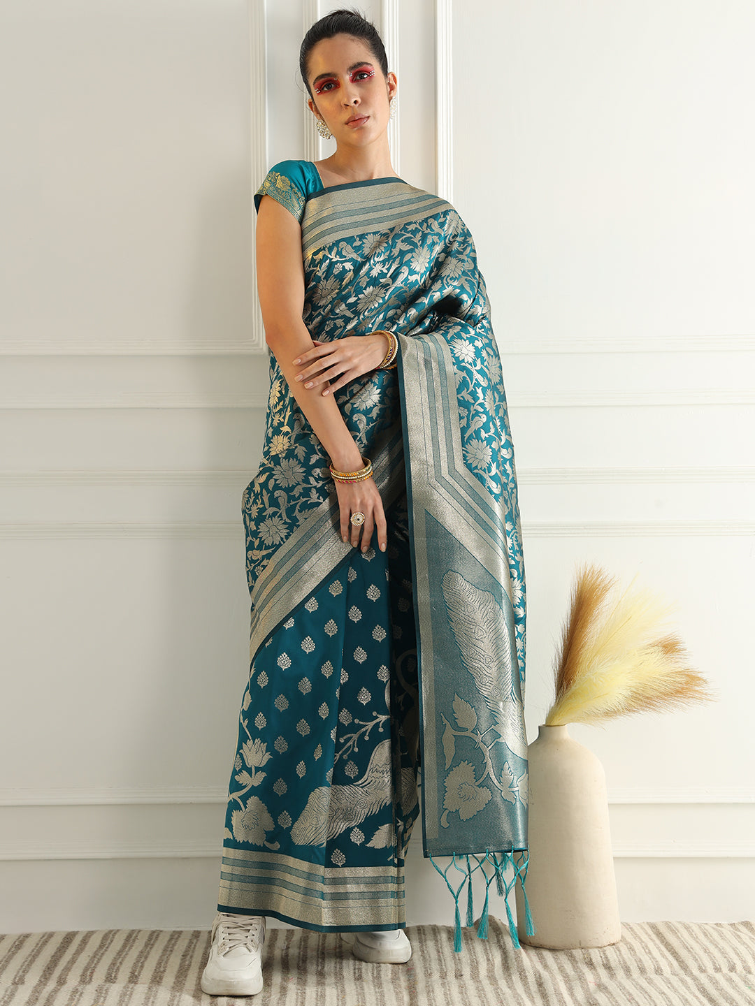 Bright Traditional Banarasi Saree with Bold Zari Peacock Motifs