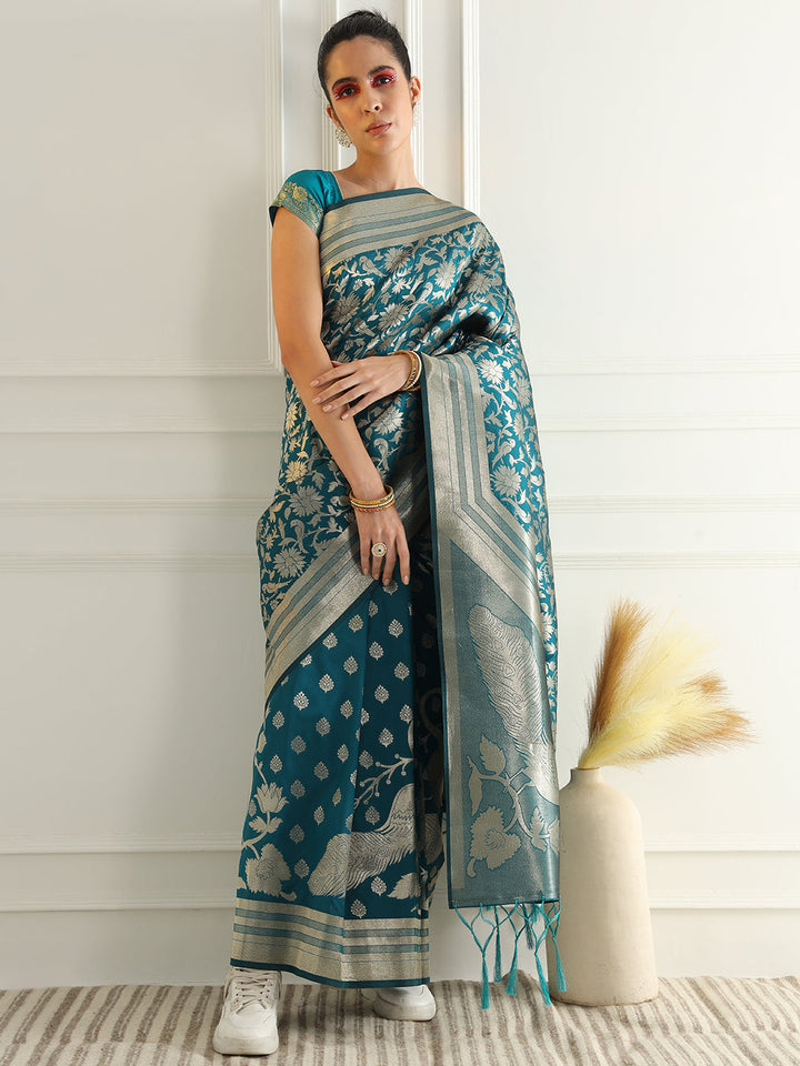 Bright Traditional Banarasi Saree with Bold Zari Peacock Motifs