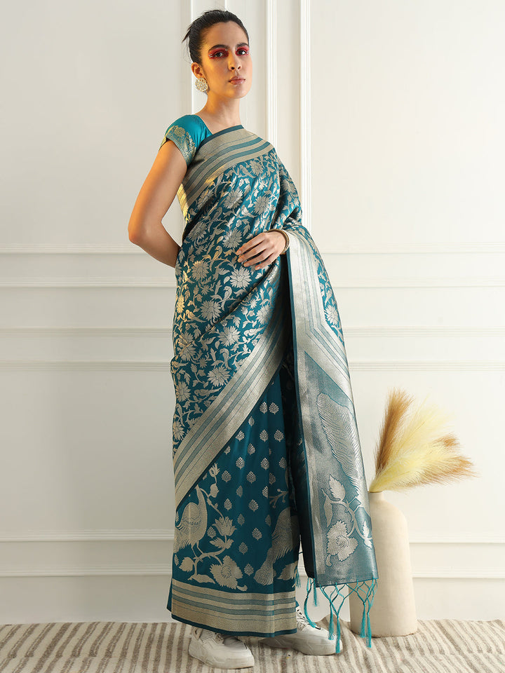 Bright Traditional Banarasi Saree with Bold Zari Peacock Motifs