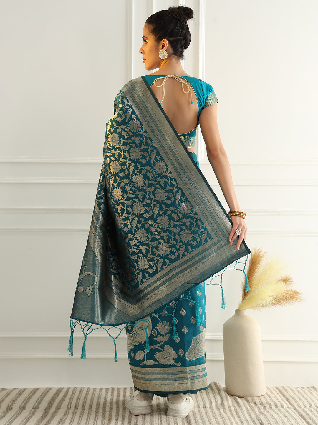 Bright Traditional Banarasi Saree with Bold Zari Peacock Motifs