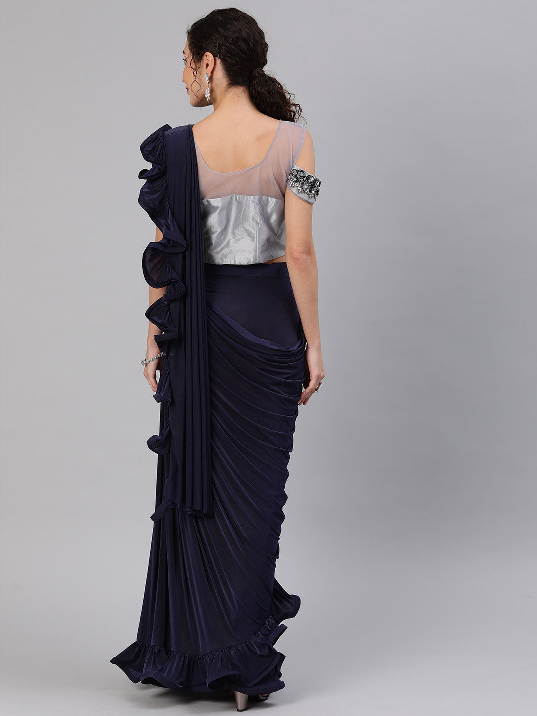 Ruffled Pre-Draped Lycra Cocktail Saree with Frills and Heavy Embellished Net Blouse