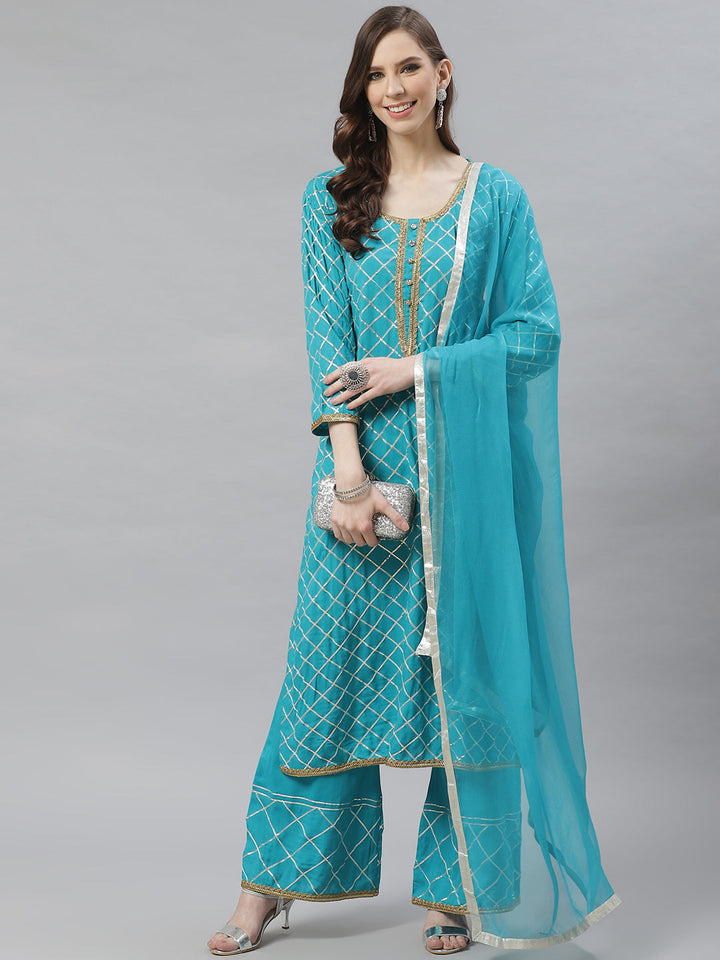 Made to Measure Turquoise Kurta Pallazo Set with Gotta Patti Embroidery & Dupatta