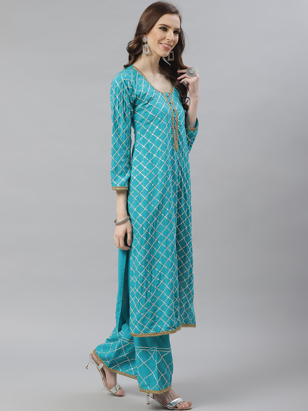 Made to Measure Turquoise Kurta Pallazo Set with Gotta Patti Embroidery & Dupatta