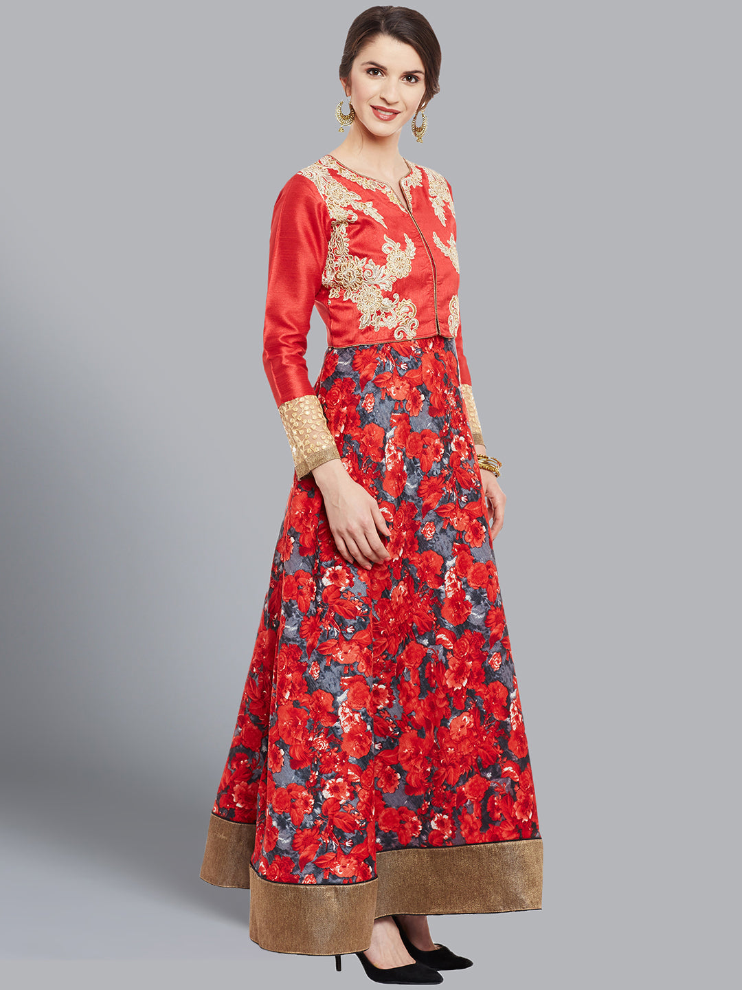 Anarkali Pattern Printed Suit with Embroidered Jacket