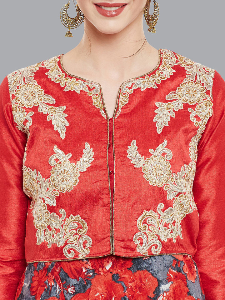 Anarkali Pattern Printed Suit with Embroidered Jacket