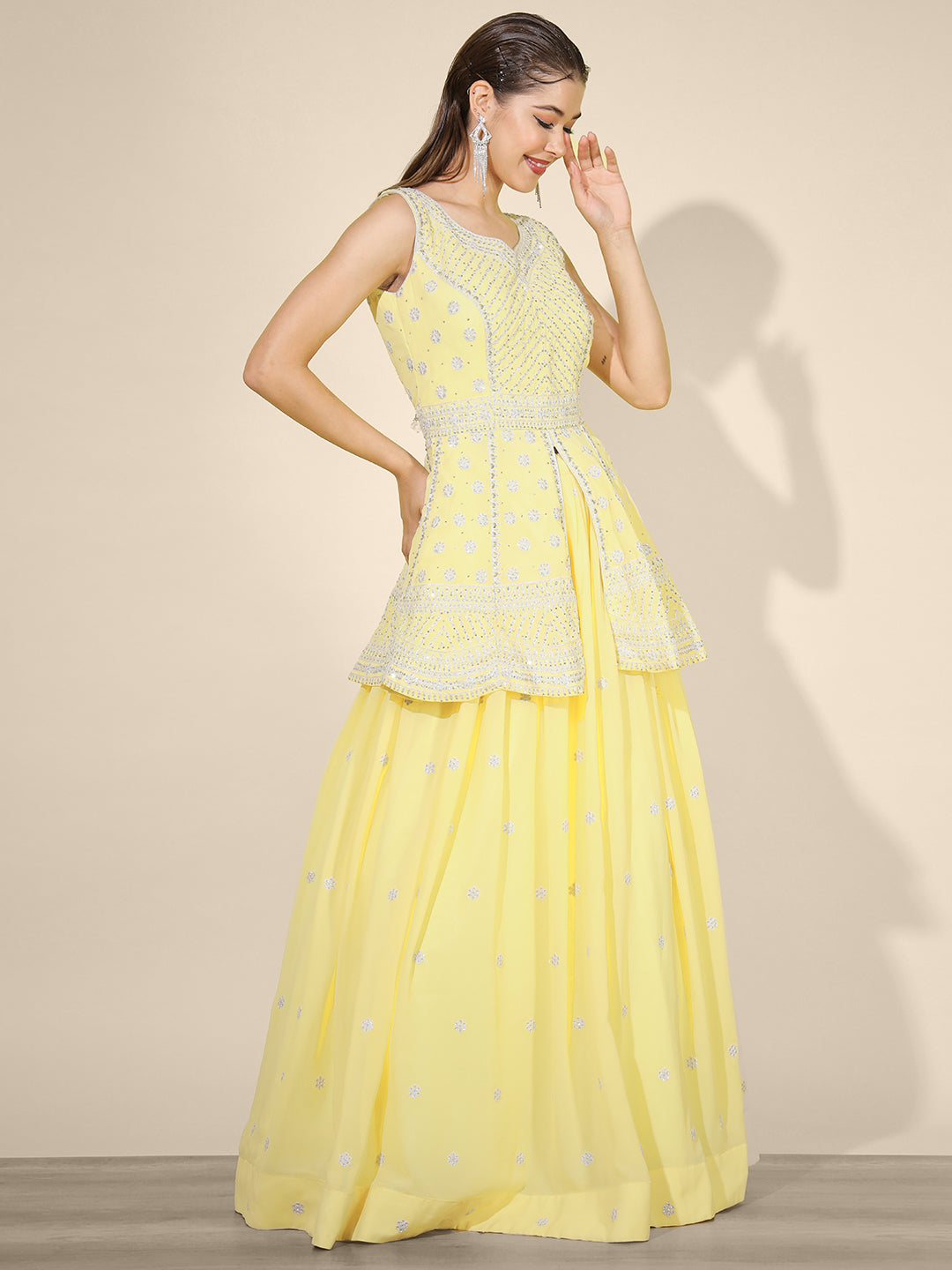 Yellow Zari Embroidered Lehenga Set with Front Slit Peplum Kurta