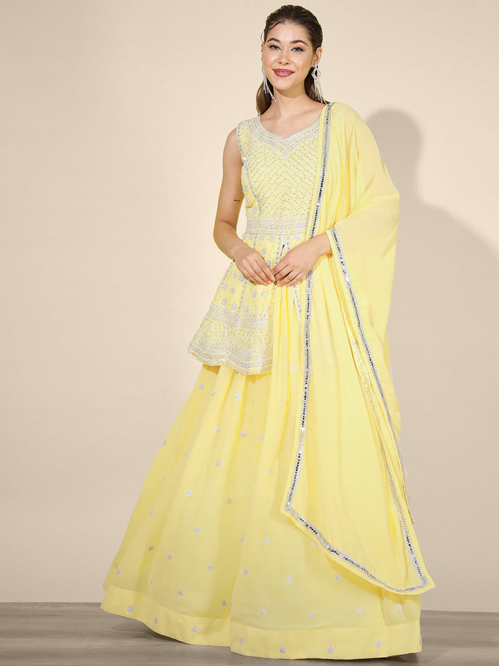 Yellow Zari Embroidered Lehenga Set with Front Slit Peplum Kurta