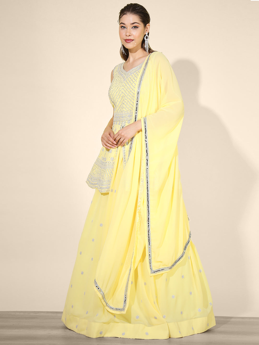 Yellow Zari Embroidered Lehenga Set with Front Slit Peplum Kurta