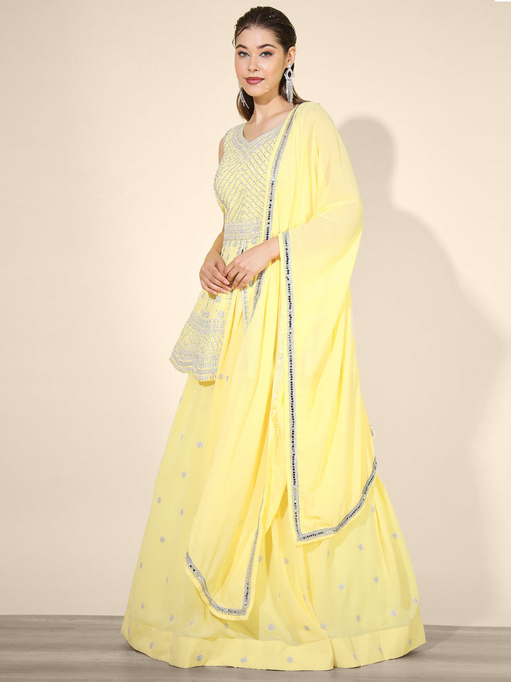 Yellow Zari Embroidered Lehenga Set with Front Slit Peplum Kurta