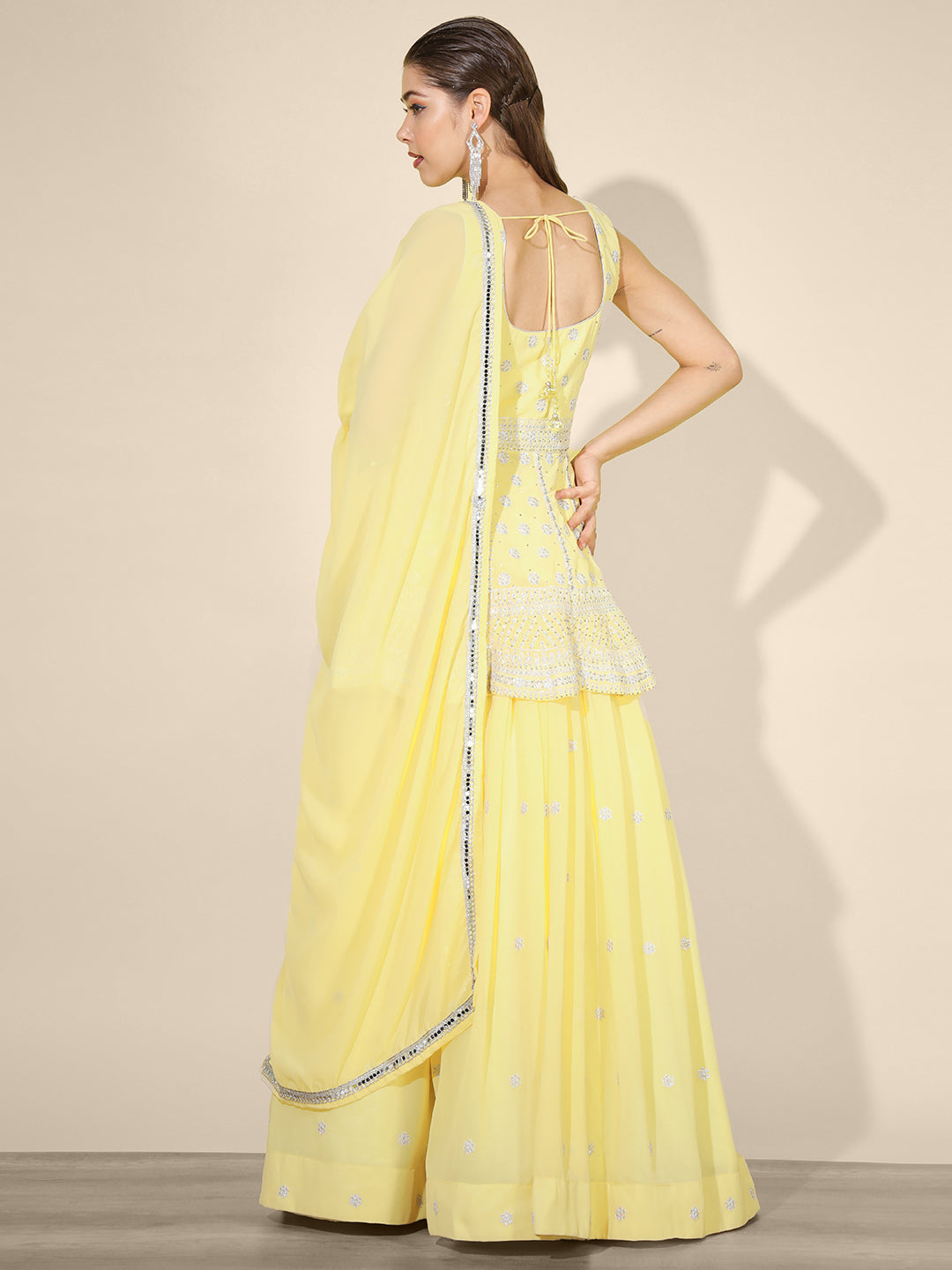 Yellow Zari Embroidered Lehenga Set with Front Slit Peplum Kurta