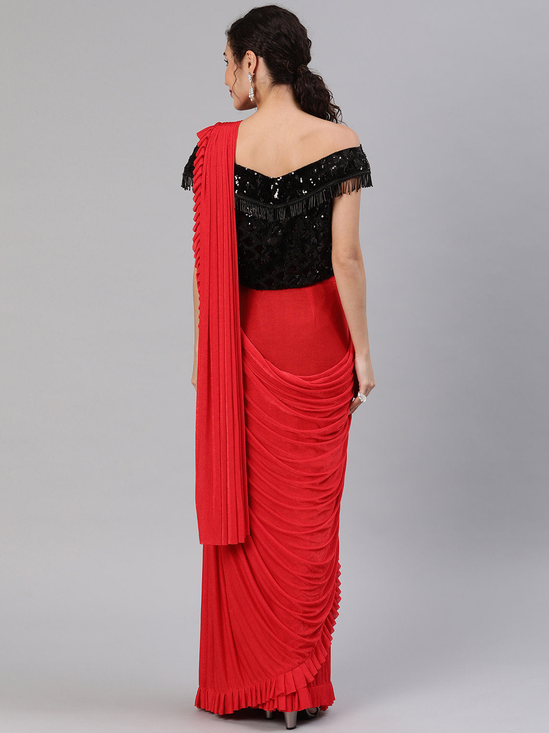Red Ruffled Pre-Draped Lycra Saree with Frills and Off Shoulder Black Sequin Blouse