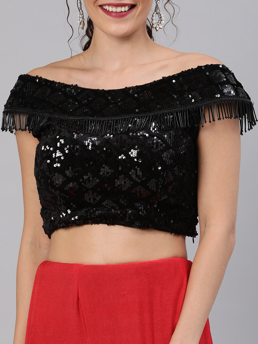 Red Ruffled Pre-Draped Lycra Saree with Frills and Off Shoulder Black Sequin Blouse