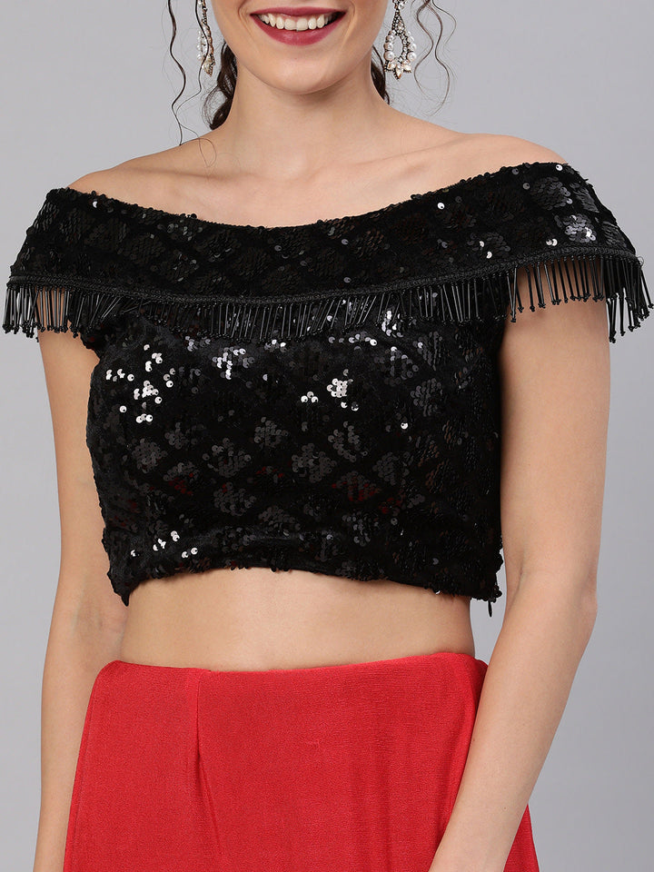 Red Ruffled Pre-Draped Lycra Saree with Frills and Off Shoulder Black Sequin Blouse