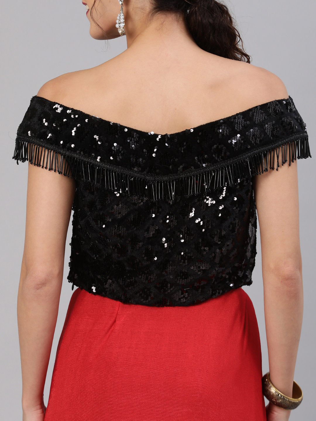 Red Ruffled Pre-Draped Lycra Saree with Frills and Off Shoulder Black Sequin Blouse