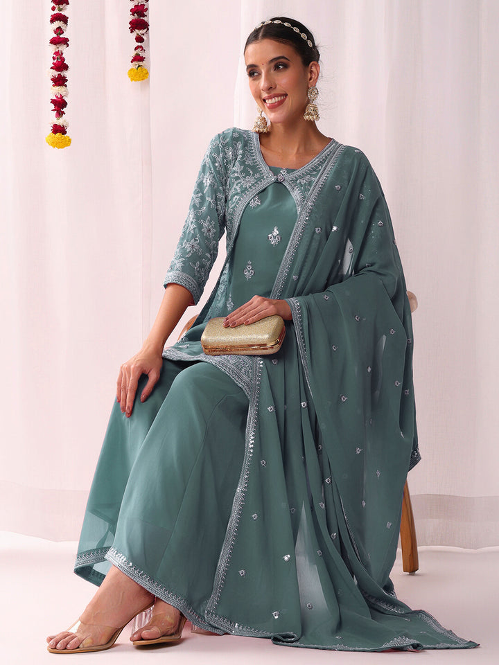 Chhabra 555 Resham Schiffli Embroidered Kurta Set with Sequinned Stylized Jacket and Flared Pallazo