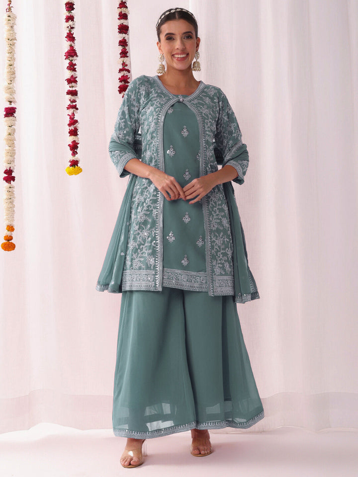 Resham Schiffli Embroidered Kurta Set with Sequinned Stylized Jacket and Flared Pallazo