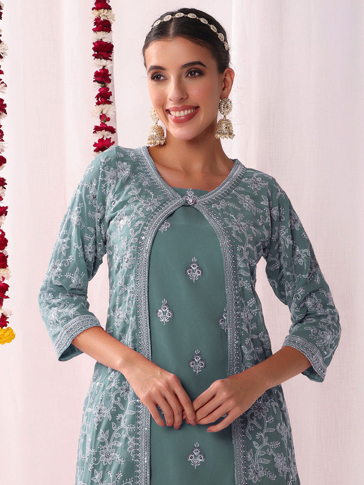 Resham Schiffli Embroidered Kurta Set with Sequinned Stylized Jacket and Flared Pallazo