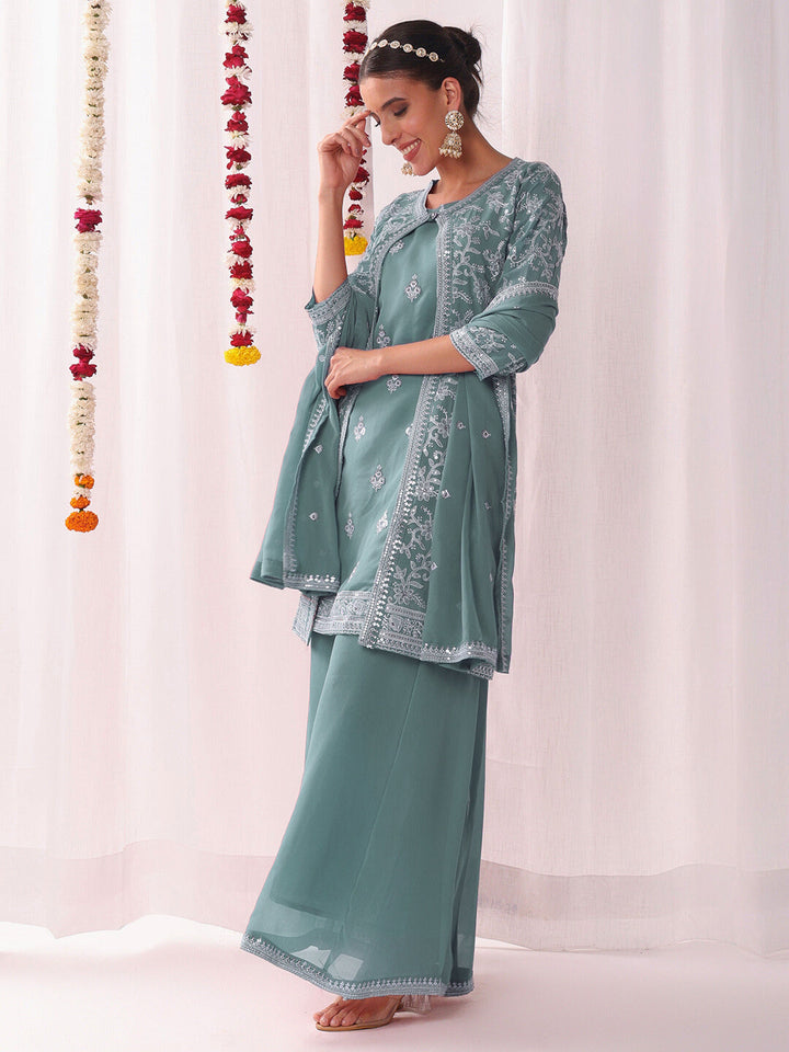 Resham Schiffli Embroidered Kurta Set with Sequinned Stylized Jacket and Flared Pallazo