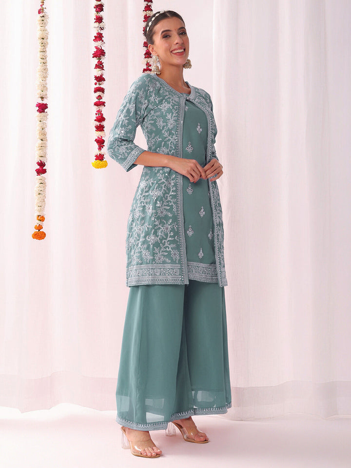 Resham Schiffli Embroidered Kurta Set with Sequinned Stylized Jacket and Flared Pallazo