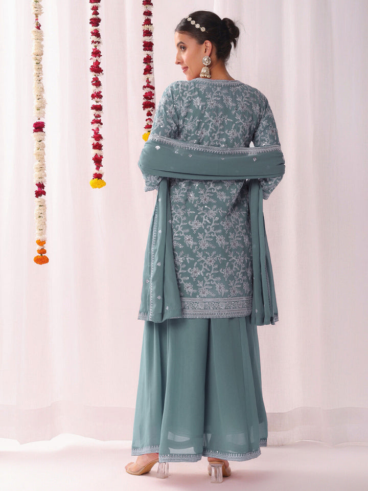 Resham Schiffli Embroidered Kurta Set with Sequinned Stylized Jacket and Flared Pallazo