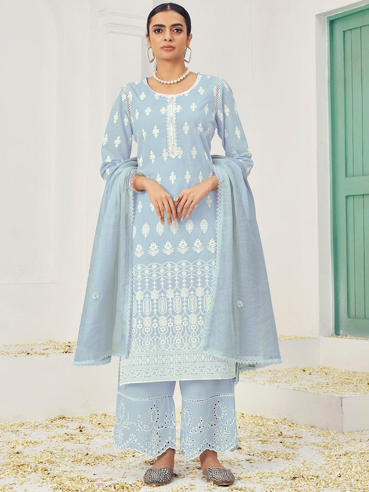 Thread Embroidered Chikankari Kurta Set with Scalloped Palazzo & Schiffli Laces