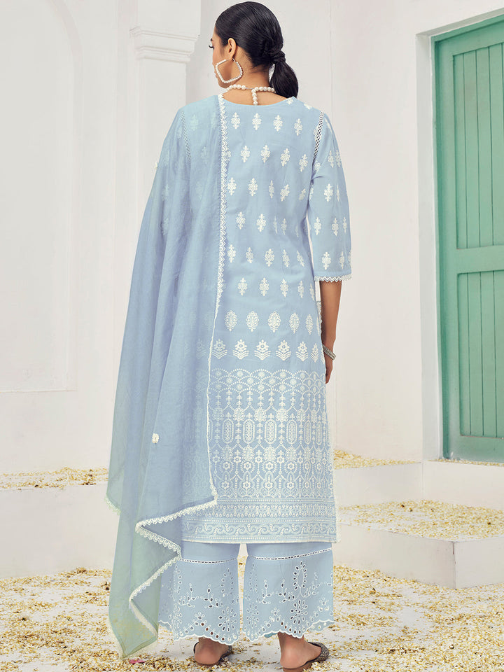 Thread Embroidered Chikankari Kurta Set with Scalloped Palazzo & Schiffli Laces