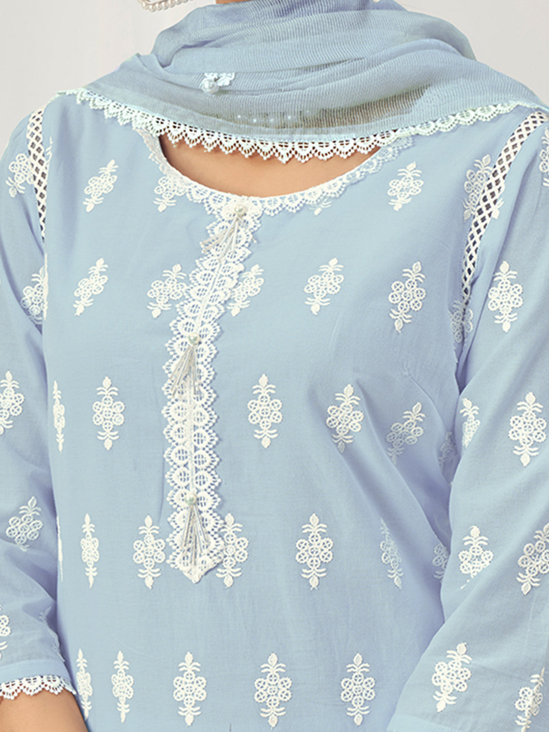 Thread Embroidered Chikankari Kurta Set with Scalloped Palazzo & Schiffli Laces