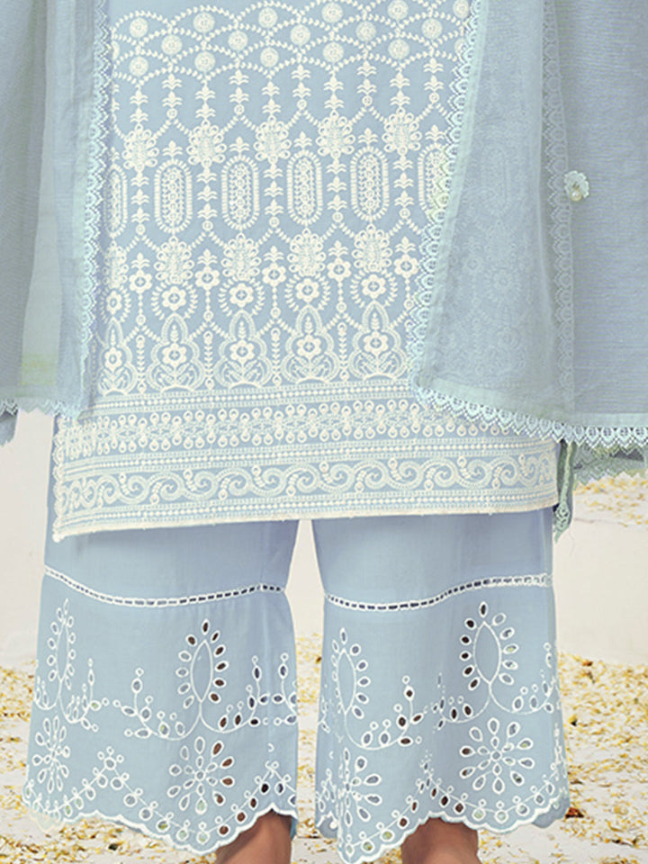 Thread Embroidered Chikankari Kurta Set with Scalloped Palazzo & Schiffli Laces