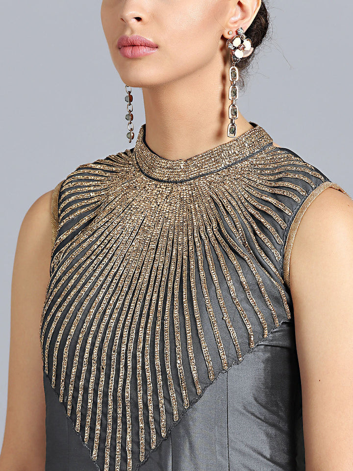 Zircon Embellished High-Neck SIlk Gown