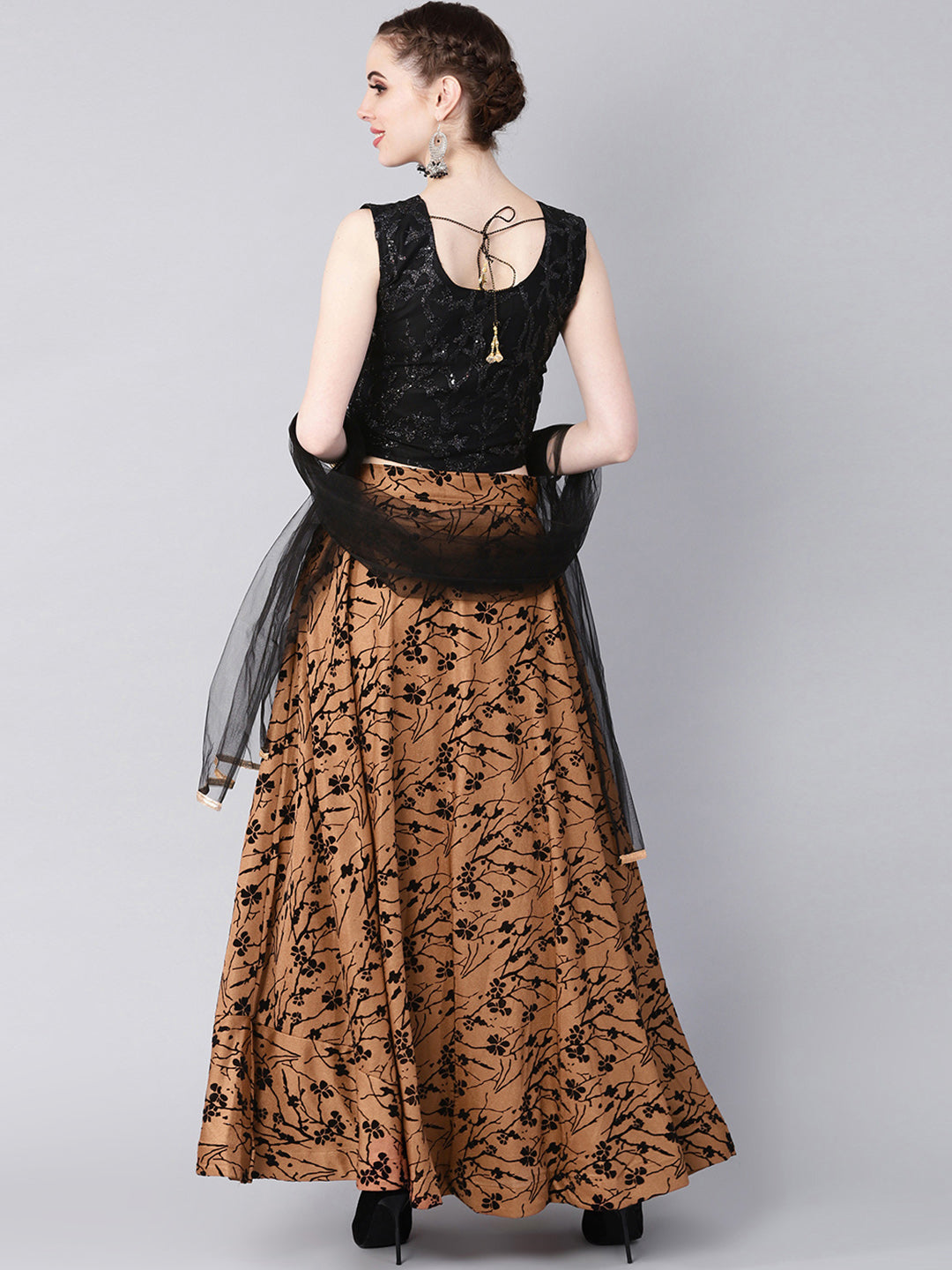Sequinned Crop Top Lehenga Choli with Floral Flock Print