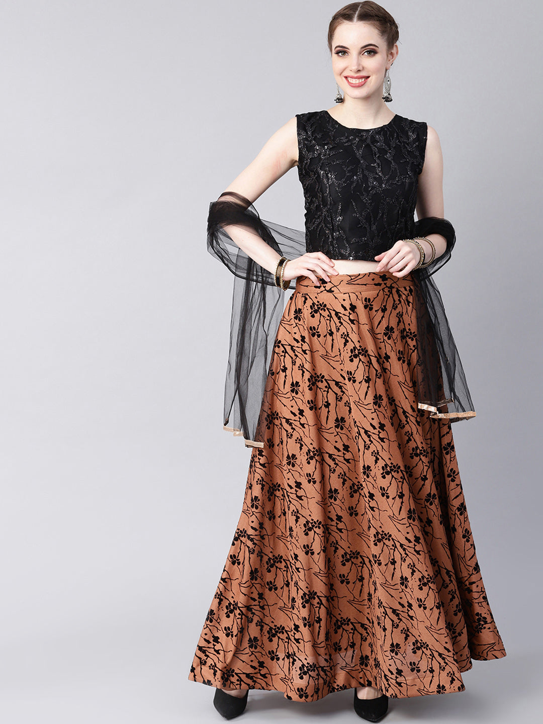Sequinned Crop Top Lehenga Choli with Floral Flock Print