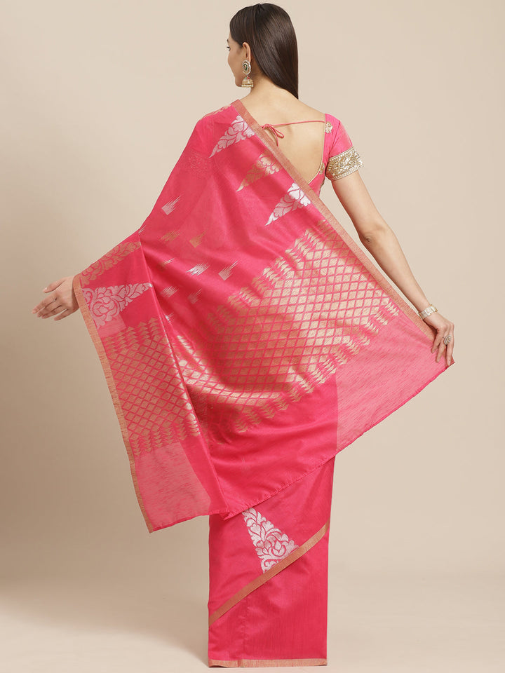 Chanderi Ikat Inspired Jute Slub Saree with Kanjivaram Temple Pattern in Zari