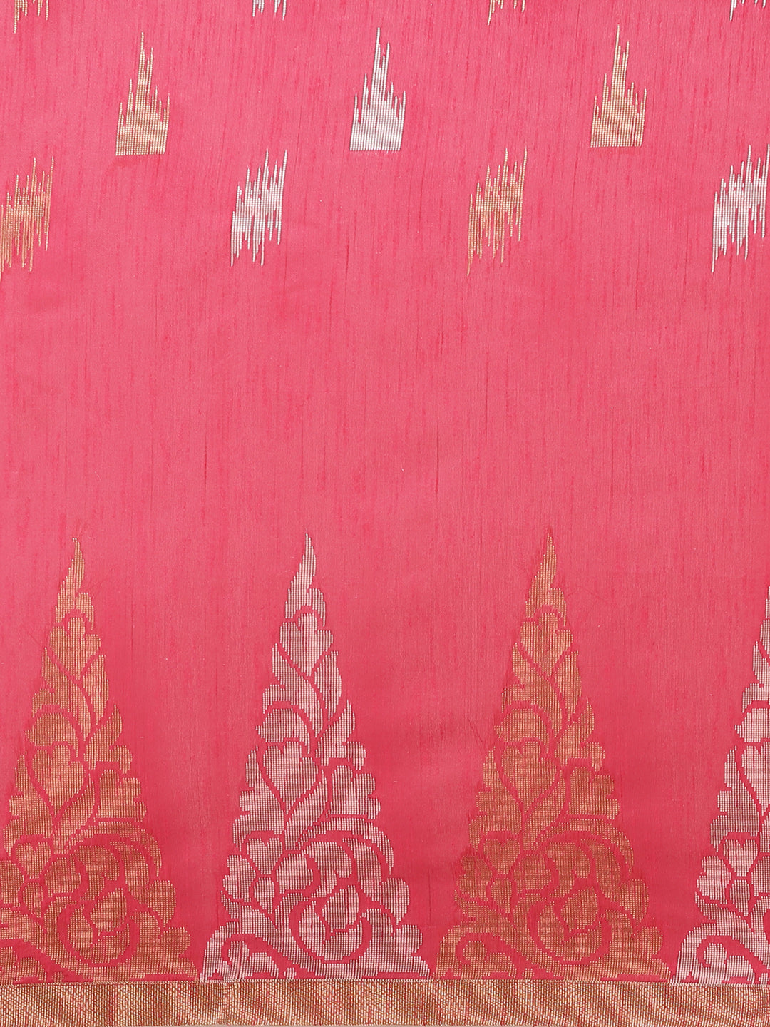 Chanderi Ikat Inspired Jute Slub Saree with Kanjivaram Temple Pattern in Zari