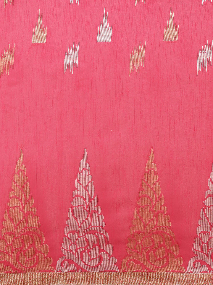 Chanderi Ikat Inspired Jute Slub Saree with Kanjivaram Temple Pattern in Zari