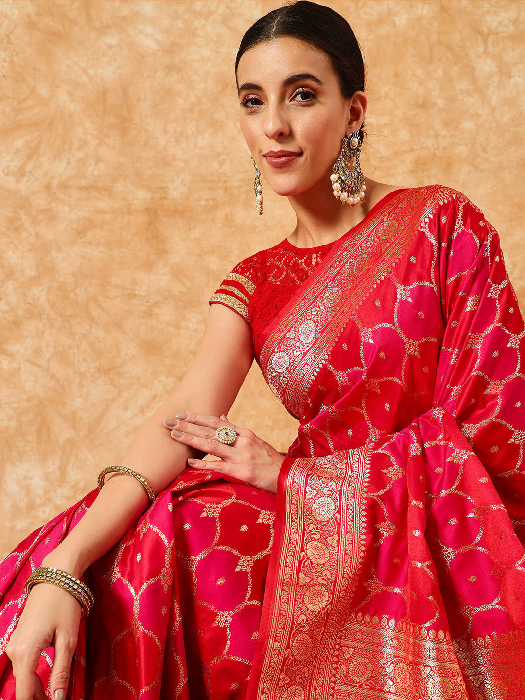 Two- Shade Gold Zari Resham Woven Banarasi Traditional Silk Saree